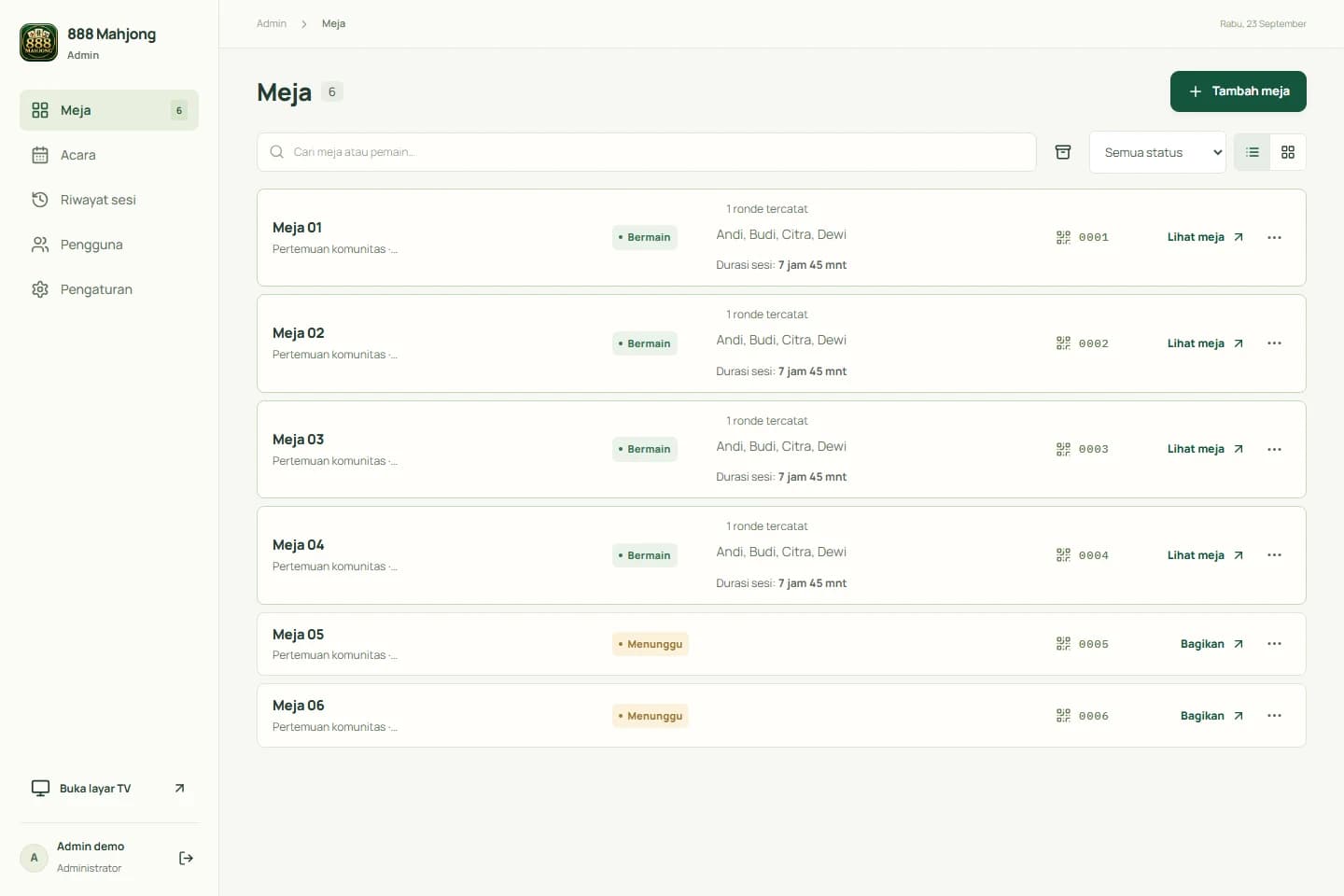 888 Mahjong: Table management. App screenshot with demo data.