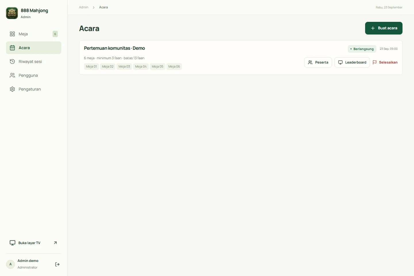888 Mahjong: Events and participating tables. App screenshot with demo data.