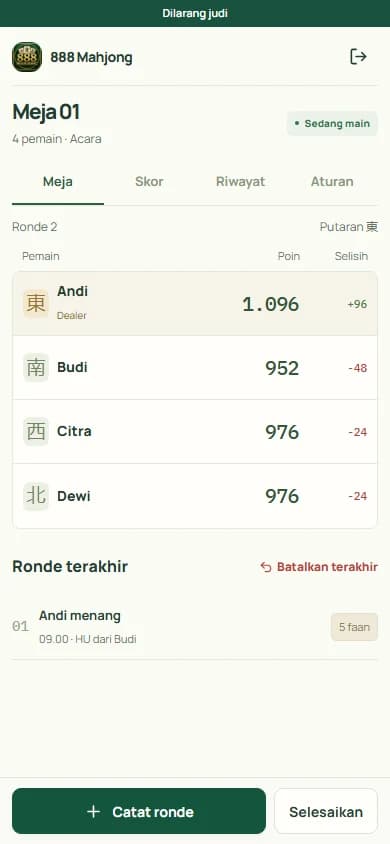 888 Mahjong: Scores on the scoring phone. App screenshot with demo data.