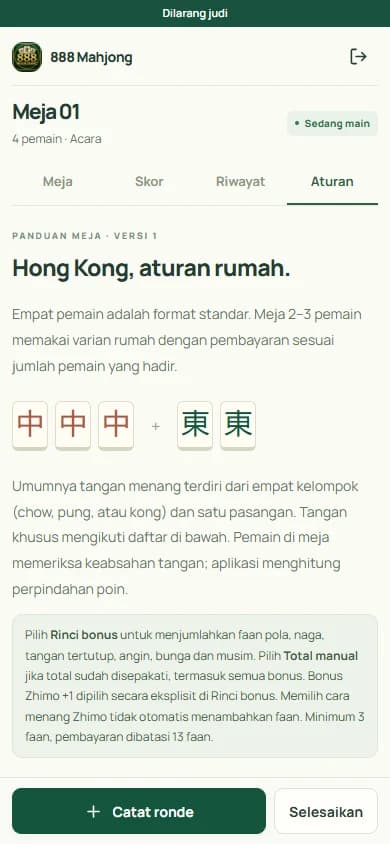 888 Mahjong: Rules guide. App screenshot with demo data.