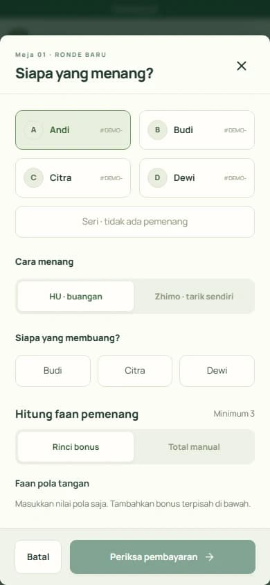 888 Mahjong: Recording a hand. App screenshot with demo data.