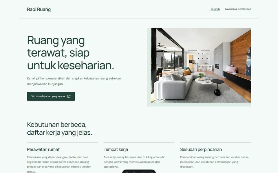 Cleaning services website example: Rapi Ruang