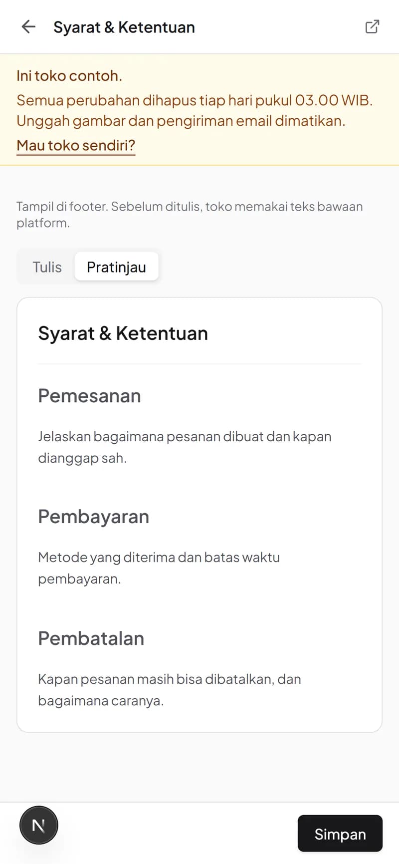 Editor halaman toko di ponsel dengan tab pratinjau