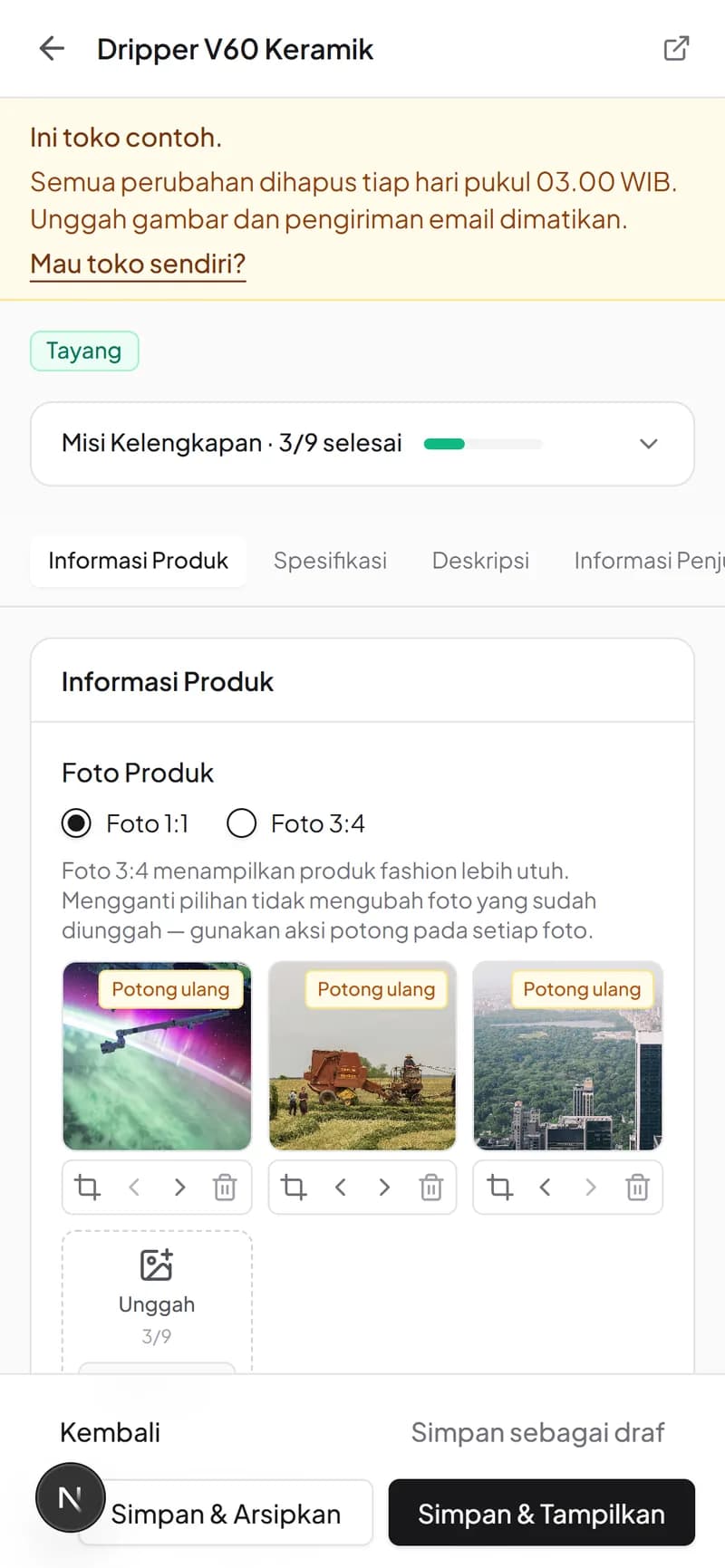 Editor produk di ponsel dengan kartu varian dan stok