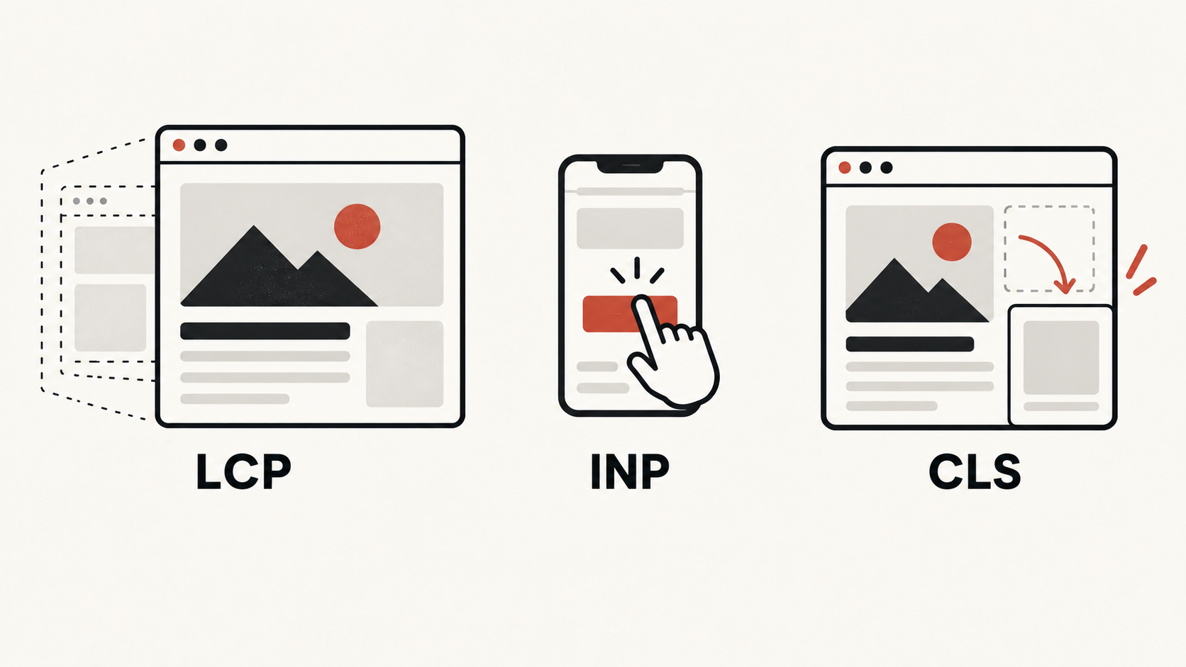 Ilustrasi tiga Core Web Vitals yang terpisah: LCP, INP, dan CLS.