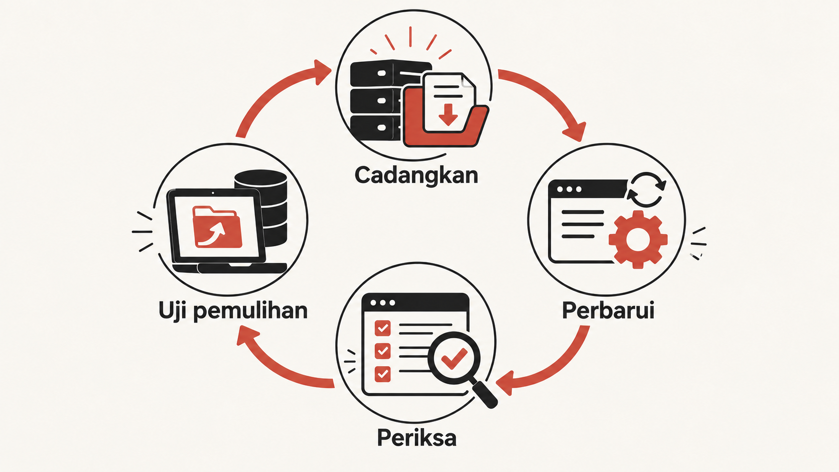 Siklus perawatan website: cadangkan, perbarui, periksa, dan uji pemulihan.