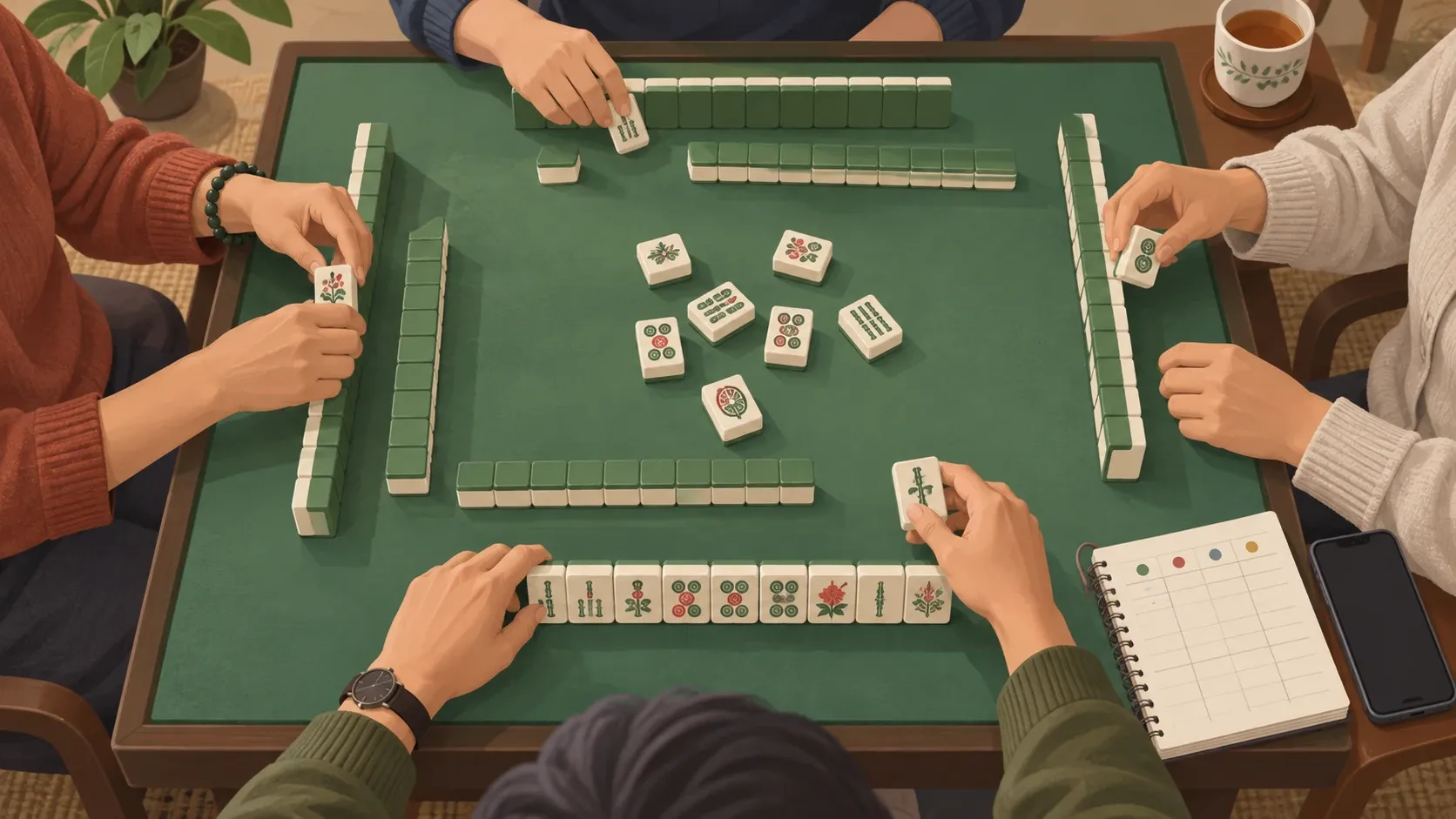 Ilustrasi empat orang bermain mahjong dengan ubin fisik di meja hijau, disertai HP dan lembar pencatatan skor; bukan foto acara atau diagram tangan yang sah.