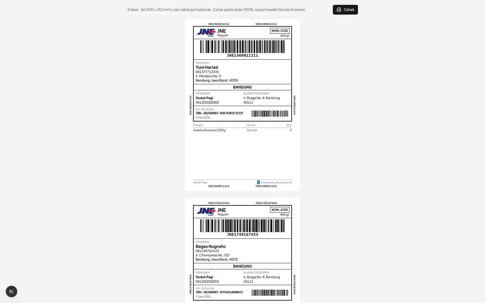 Pratinjau cetak label pengiriman ukuran thermal